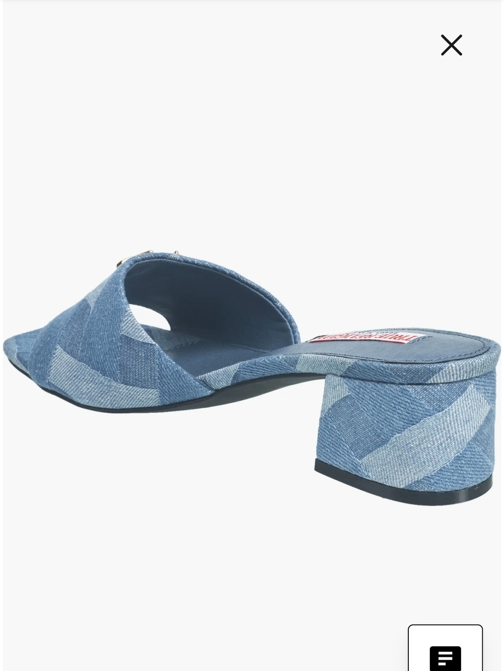 True Religion Blue Denim Single Strap Logo Block-Print Sandal Heels Size 7 - Picture 4 of 10